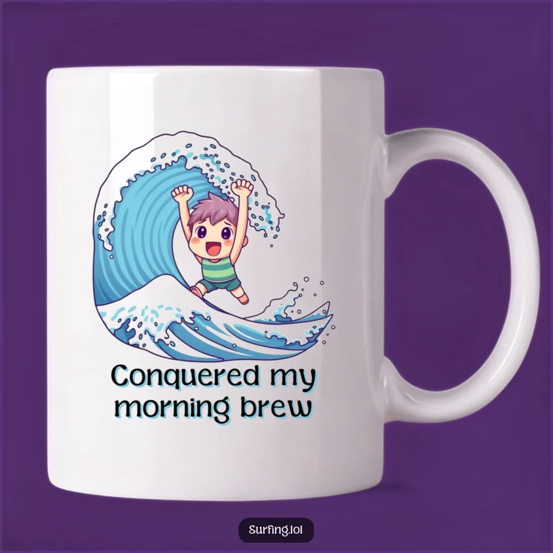 Funny Triumphant Surfer Mug - Happy Character Catching Wave, Perfect Victory Gift