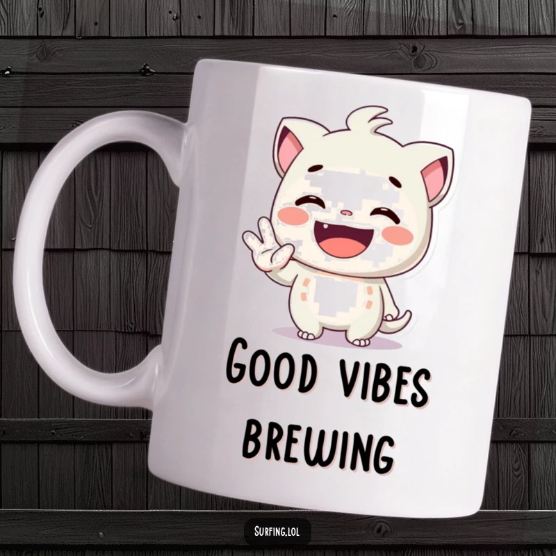 Funny mug showing a character with a massive grin giving the shaka (hang loose) sign, spreading joy and positive energy.