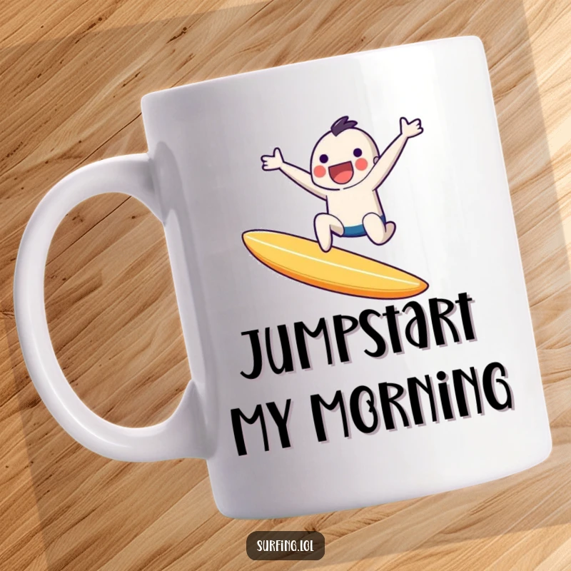 Funny mug featuring a tiny character joyfully leaping high in the air off a surfboard, mid-ride, with a huge smile.