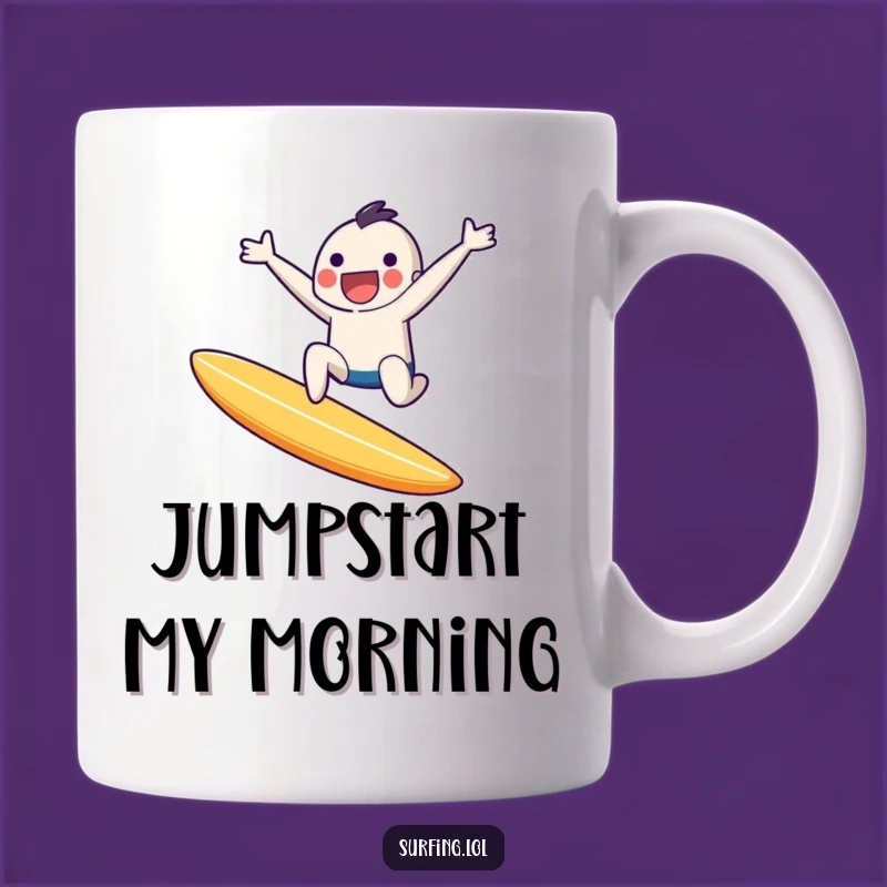Funny Tiny Surfer Mug: Joyful Leap Design, Exciting Funny Gift