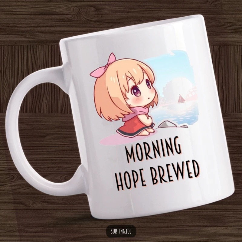 Funny mug with a character looking towards a distant shore with a hopeful expression, symbolizing dreams and aspirations.