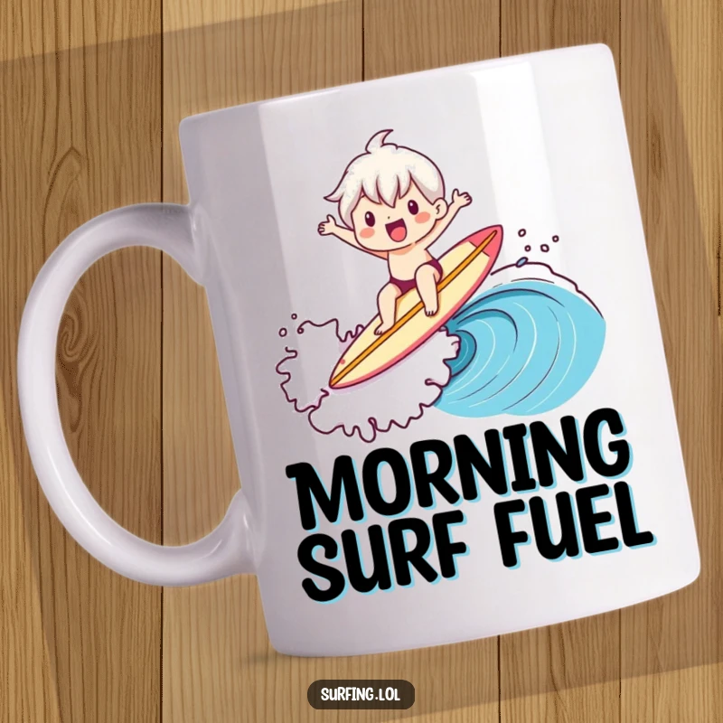 Funny mug depicting a cute character joyfully riding a big wave while expertly balancing a surfboard with a smile.