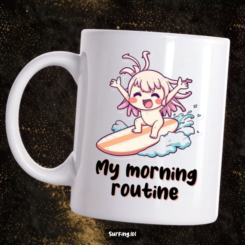 Funny Wipeout Kawaii Mug: A cute character comically wiped out on a surfboard, arms flailing joyfully, ideal funny gift.