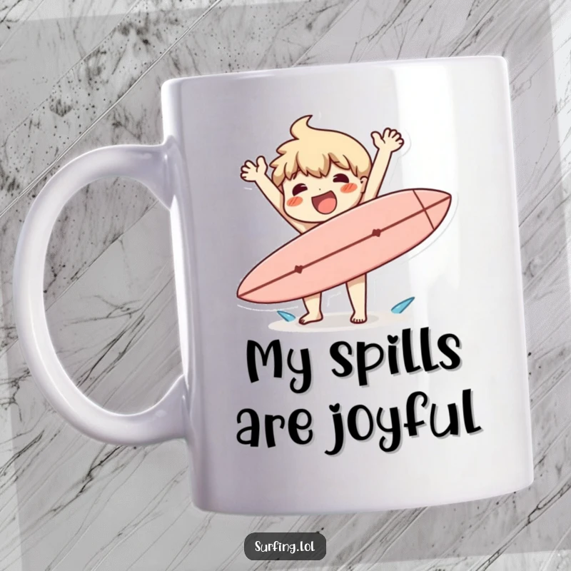 Funny mug showing a character happily flailing arms after clumsily dropping a surfboard, capturing playful chaos and joy.