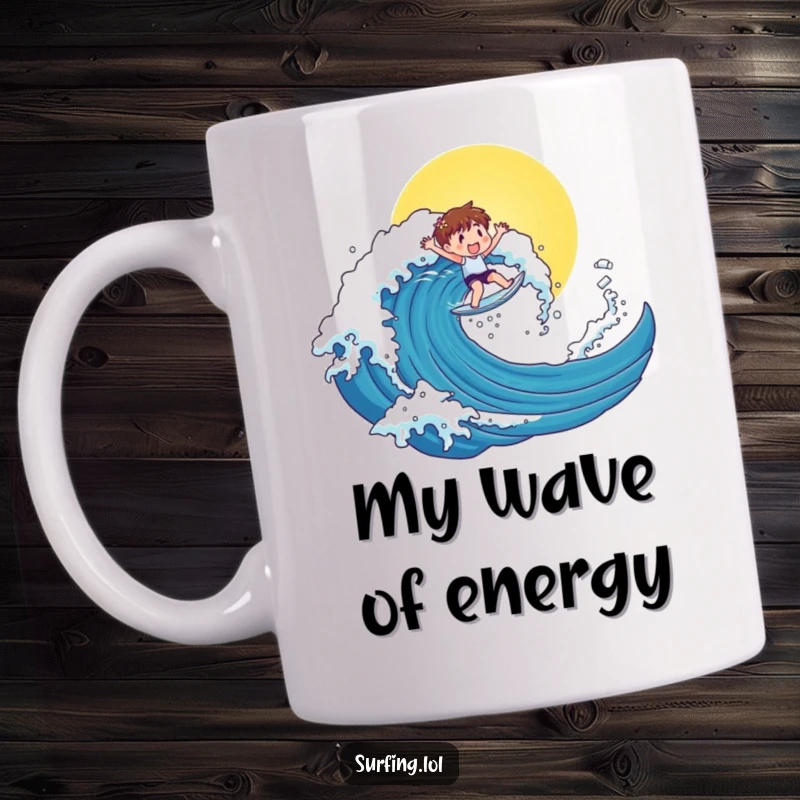 Funny mug showing a cute character joyfully surfing a huge, sunny wave, embodying pure excitement and a funny spirit.