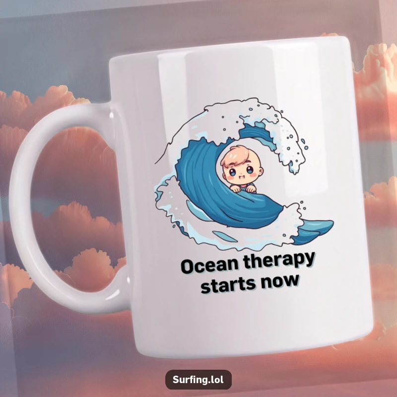 Funny mug with a tiny adventurer peeking out from behind a crashing wave, showing curious excitement and a love for the ocean.