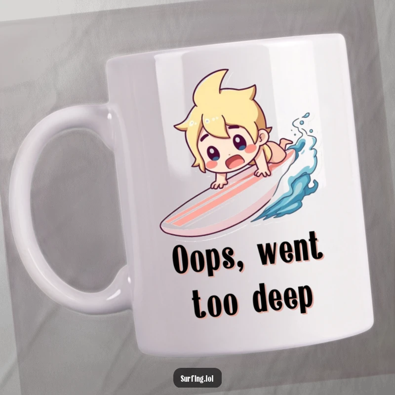 Funny mug showing a character diving headfirst off a surfboard with a shocked, surprised gasp.