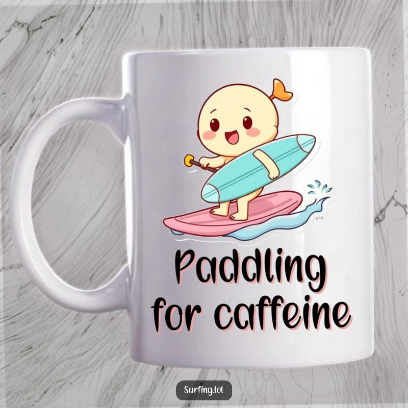 Funny mug featuring a cheerful character enthusiastically paddling with a tiny surfboard tucked under its arm, conveying pure joy.