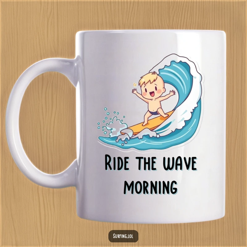 Funny mug showing a charming figure joyfully dancing after successfully catching a powerful ocean wave, celebrating victory.