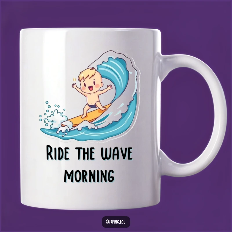 Funny Surfer Dance Mug: Charming Figure Catches Wave, Perfect Funny Gift