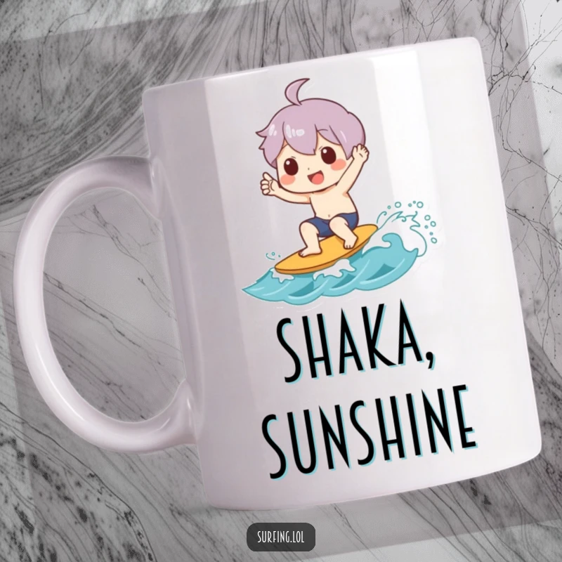 Funny mug showing a character joyfully giving a shaka sign while coolly riding a small wave, embodying surfer vibes.