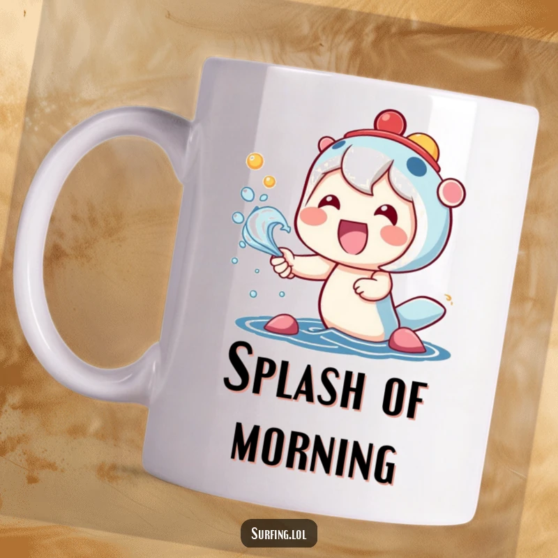 Funny mug featuring a kawaii character with a huge smile, delightedly catching vibrant, colorful sea spray with glee.