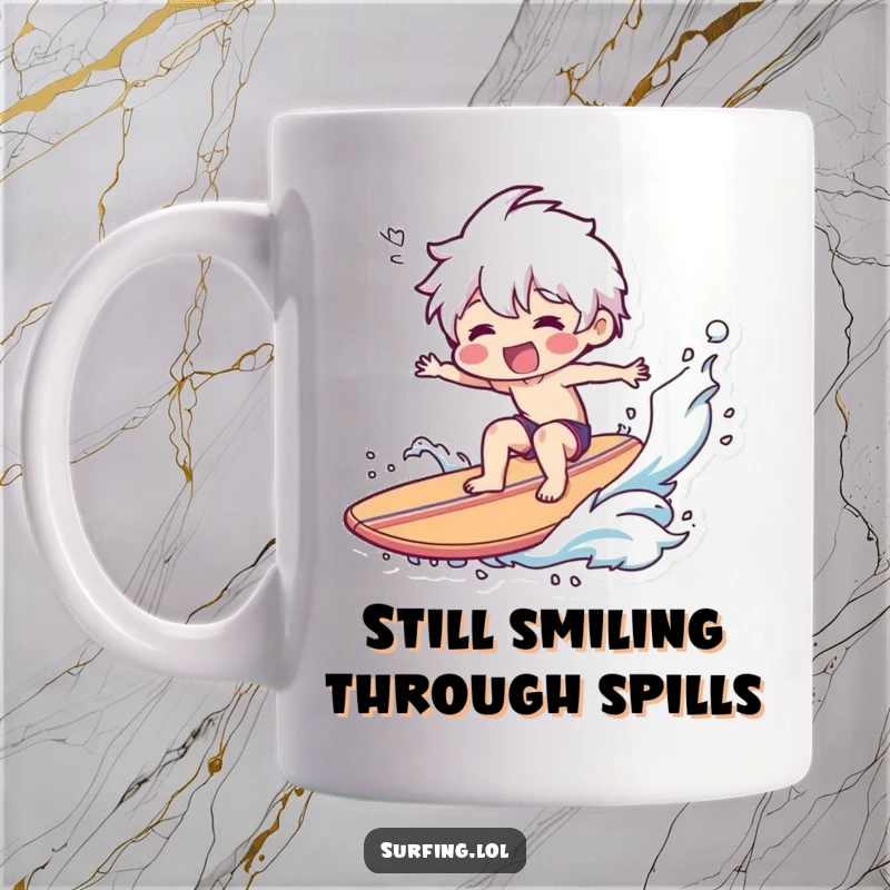 Funny Mug: A cartoon character smiles widely while spectacularly falling off a surfboard, mid-wipeout.