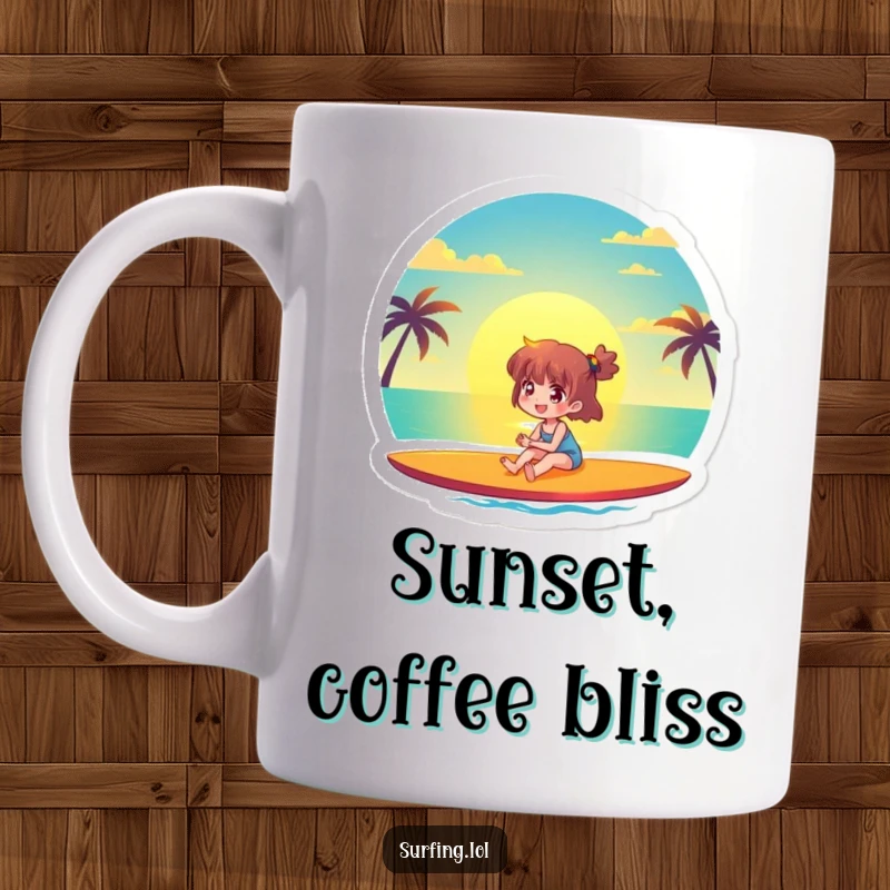 Funny mug featuring a joyful character peacefully watching a beautiful ocean sunset from a surfboard, capturing a moment of calm bliss.