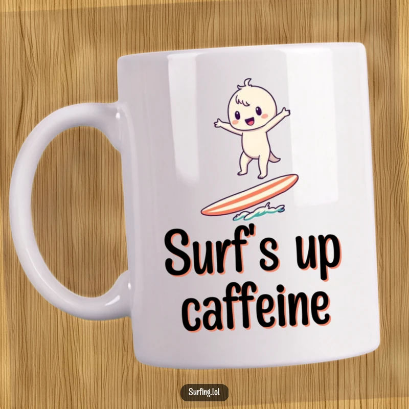 Funny Surfer Character Mug: A cute character wobbles precariously on a surfboard with arms spread wide.
