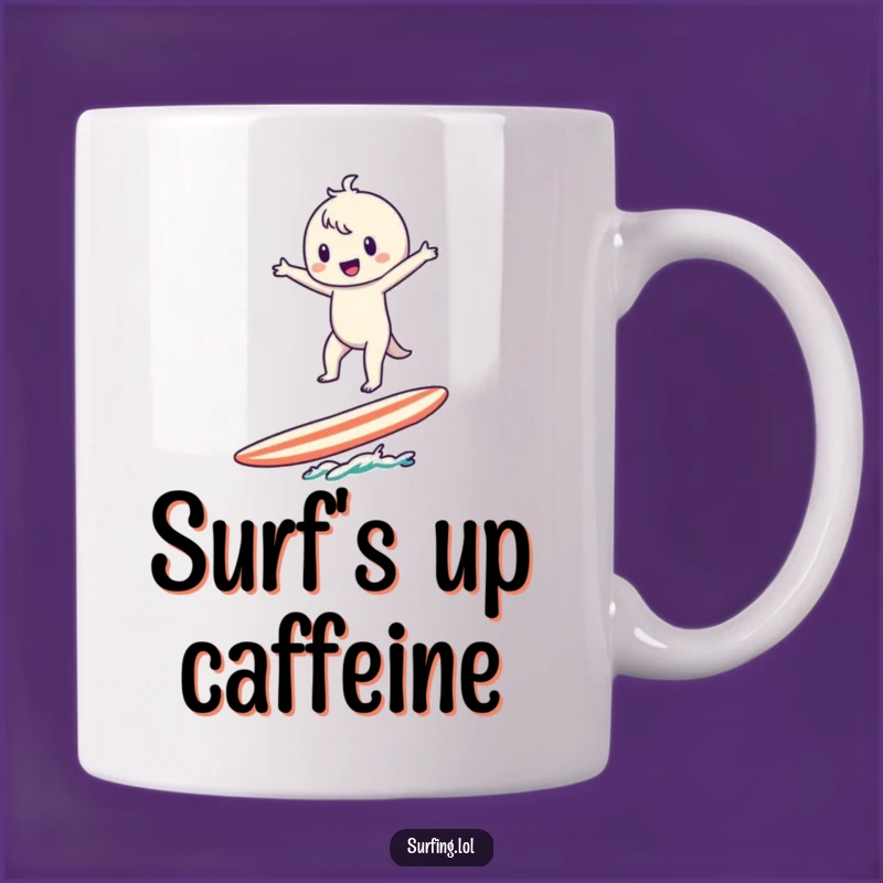 Funny Surfer Character Mug: Hilarious Balance Act for Beach Lovers and Fun Seekers!