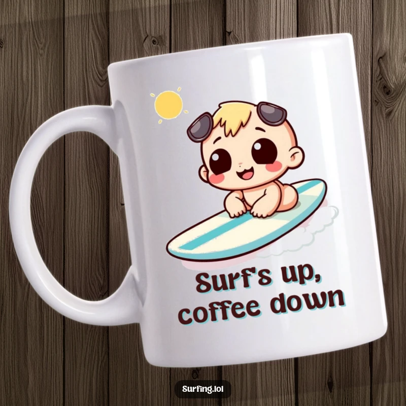 Funny mug with a character grinning while sunbathing on a surfboard, embodying ultimate relaxation and beach fun.