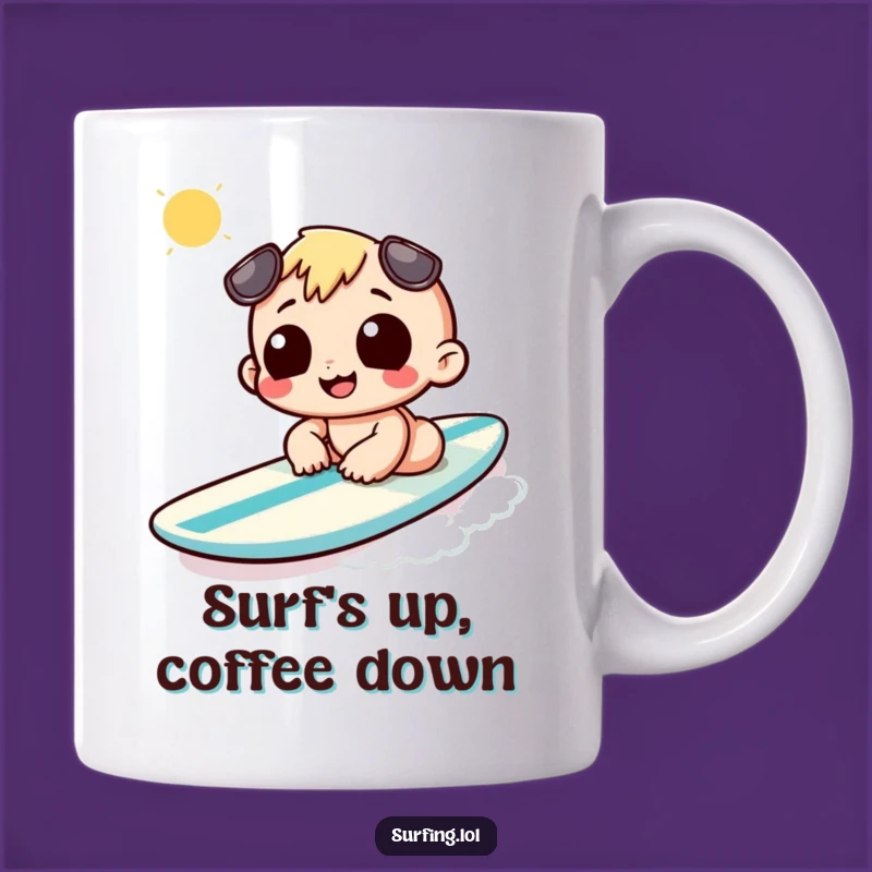 Funny Sunbathing Surfboard Mug: Relaxed Grin Gift for Beach Lovers