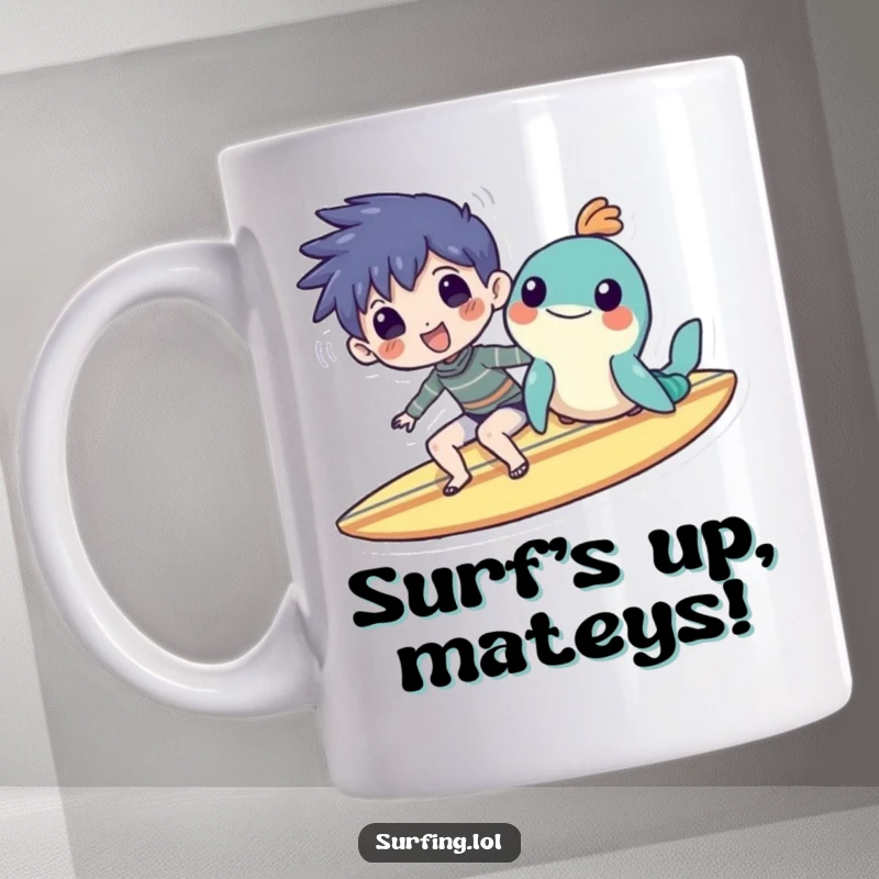 Funny mug showcasing a smiling character and a cheerful sea creature happily sharing a surfboard, embodying friendship and fun.