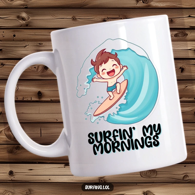 Funny Surfing Character Mug: A cute character joyfully surfing a giant wave with a massive smile, ideal funny gift.