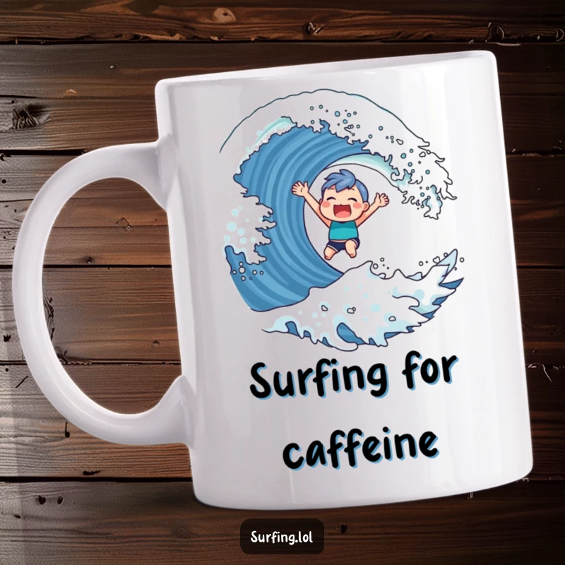 Funny Mug showing a cute character with a huge triumphant grin, successfully riding the crest of a giant wave.