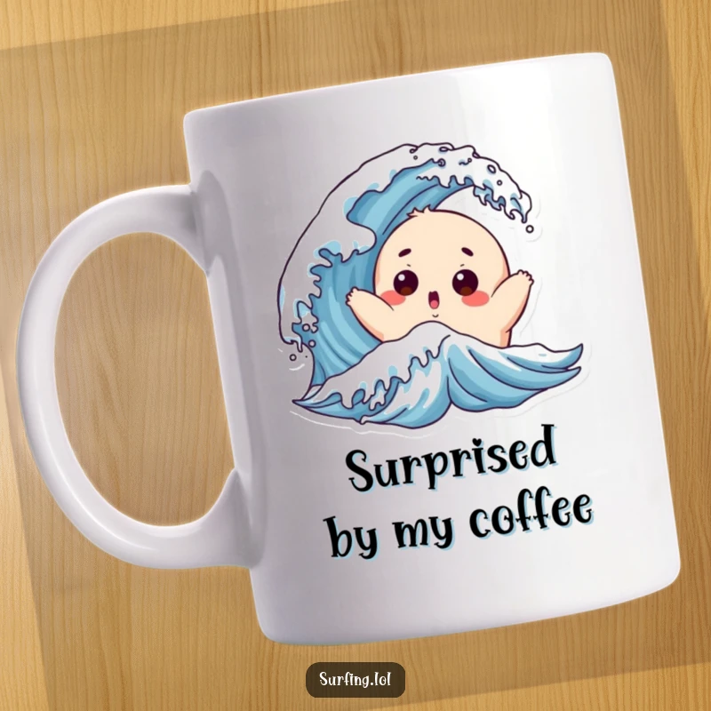 Funny Chubby Surfer Mug: A surprised, chubby character is playfully tossed by a wave, capturing a moment of fun chaos.