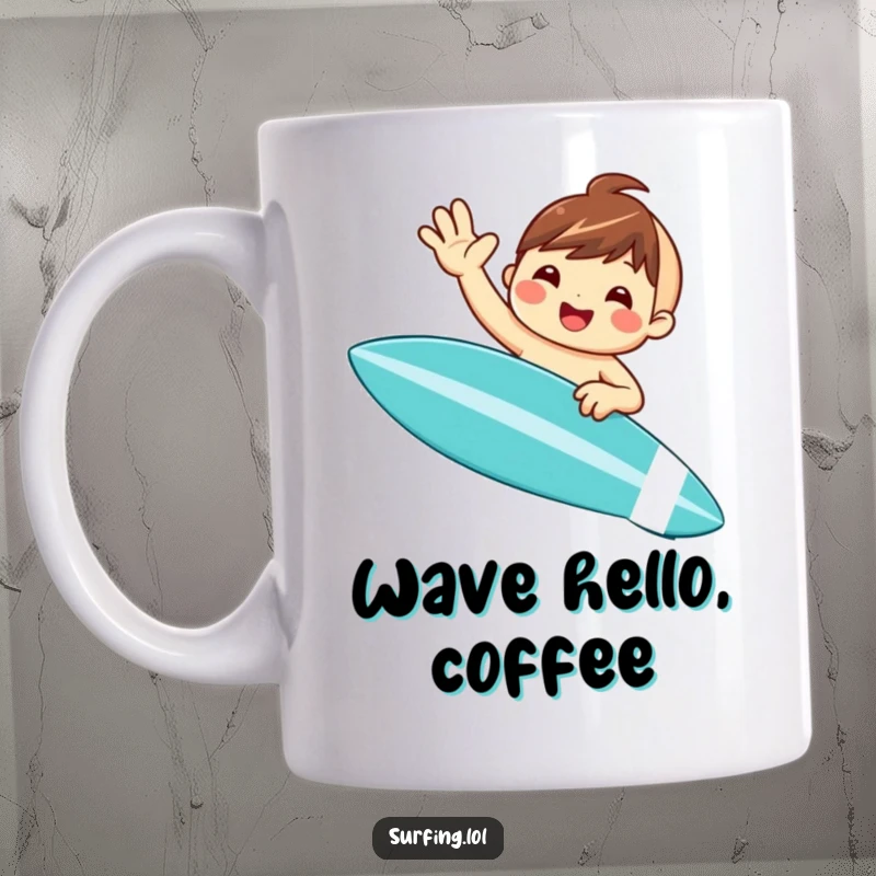 Funny mug with a sweet cartoon character happily waving from a surfboard, capturing pure beach joy and a cheerful greeting.