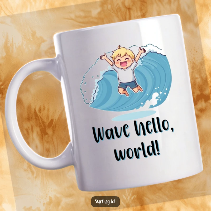 Funny mug showing a character leaping joyfully while catching a wave, showcasing a triumphant and ecstatic surfing pose.