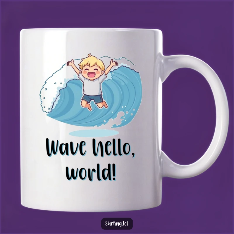 Funny Wave Catching Mug: Joyful Character in Triumphant Pose, Perfect Gift