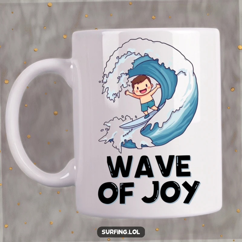 Funny Mug: Character joyfully surfing a massive wave decorated with a smiley face, embodying pure exhilaration and fun.