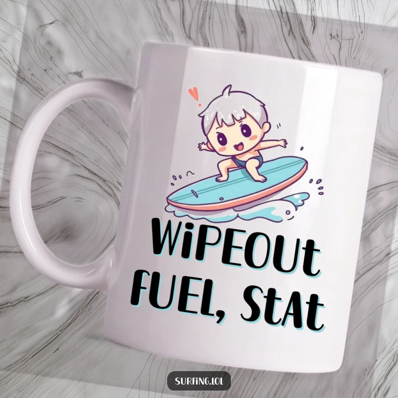 Funny mug showing a small character comically tripping and falling while attempting to stand on a surfboard, capturing a hilarious wipeout moment.