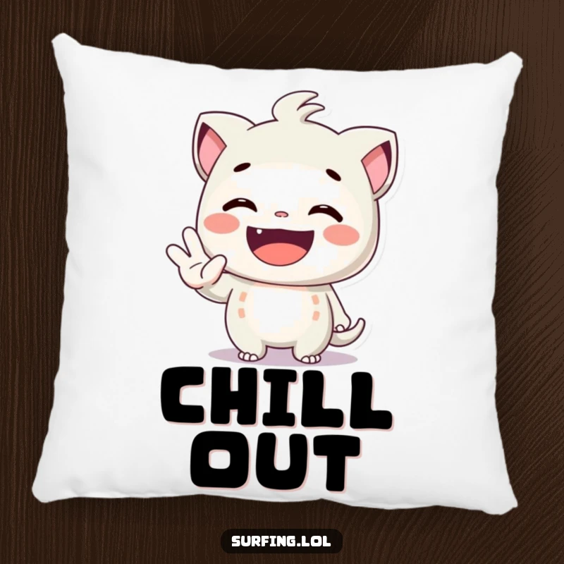 Funny pillow featuring a character with a massive grin giving the shaka sign, embodying pure joy and relaxed vibes.