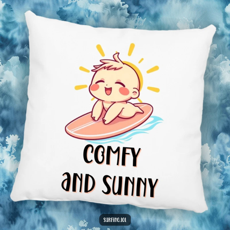Funny Sunbathing Character Pillow: Small character sunbathing on a surfboard with eyes closed and a relaxed grin, ideal funny gift.