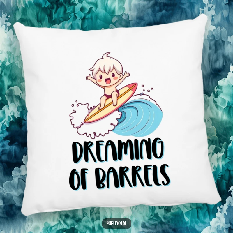 Funny pillow featuring a cute character confidently riding a large ocean wave, holding a surfboard steady with a cheerful expression.
