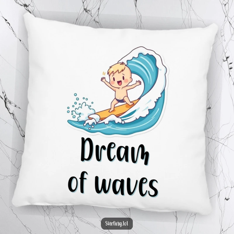 Funny pillow featuring a charming figure doing a playful dance after successfully catching a wave, bringing beach vibes.