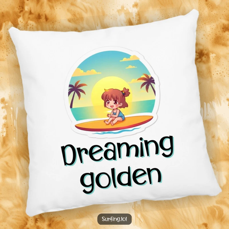 Funny pillow featuring a joyful character watching a beautiful ocean sunset from a surfboard, adding coastal calm and humorous comfort.