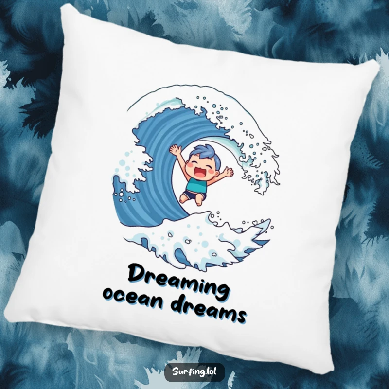 Funny Pillow featuring a cute character with a triumphant grin, surfing a giant wave, offering cozy comfort with a beach vibe.