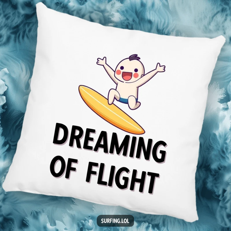 Funny pillow featuring a tiny character joyfully leaping high in the air off a surfboard, caught in an energetic mid-air pose.
