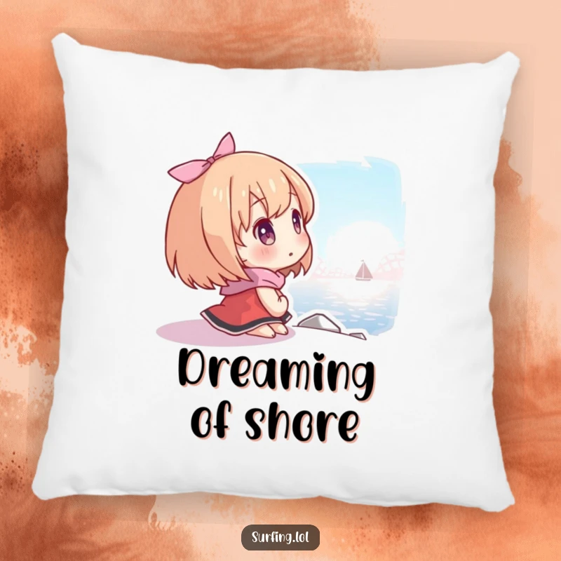 Funny pillow with a character looking at a distant shore with hope, offering comfort and a reminder of aspirations.