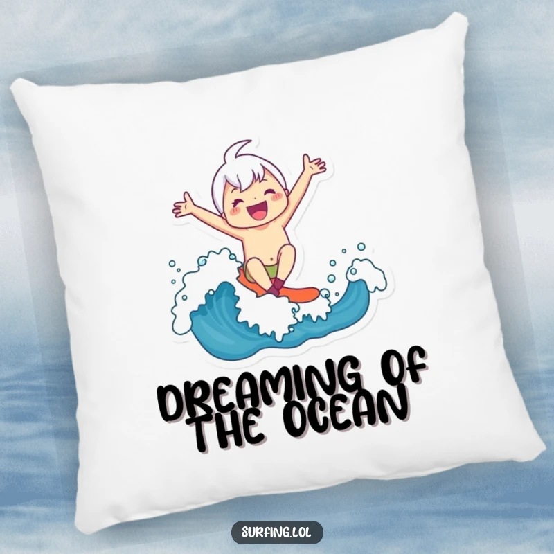 Funny Pillow: A smiling character enjoys a thrilling ride on a surfboard across a big ocean wave, radiating joy.