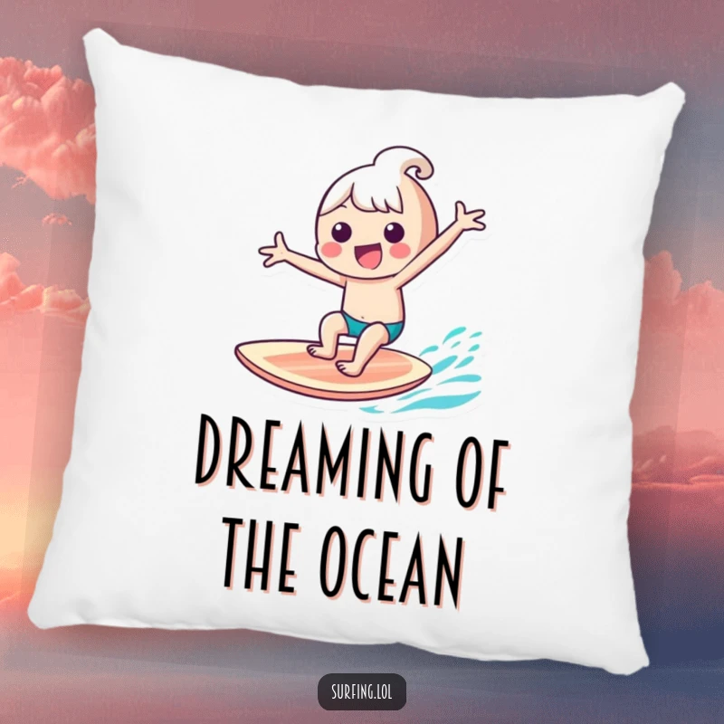 Funny kawaii character gleefully riding a surfboard with arms outstretched, a cozy and humorous pillow design, a funny gift.