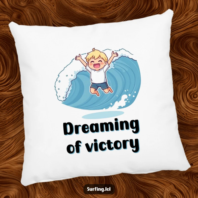 Funny pillow depicting a character in a triumphant pose catching a wave, offering comfort and a reminder of pure, joyful success.