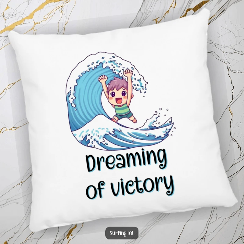 Funny Pillow: A triumphant character rides a huge wave with a happy, victorious expression, embodying success.