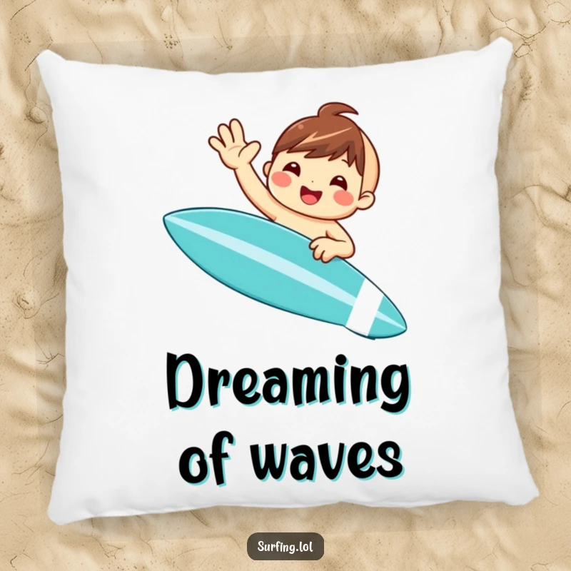 Funny pillow with a cute, smiling character waving from a surfboard, adding a touch of playful beach decor and cozy comfort.
