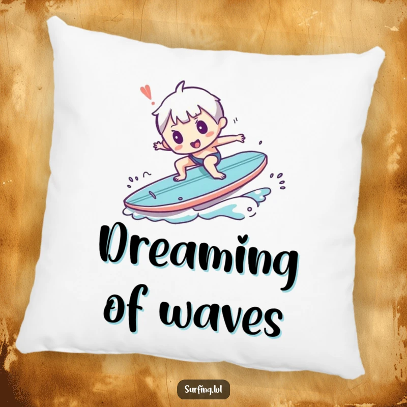Funny pillow with a small character comically tripping on a surfboard, a humorous illustration for cozy relaxation.