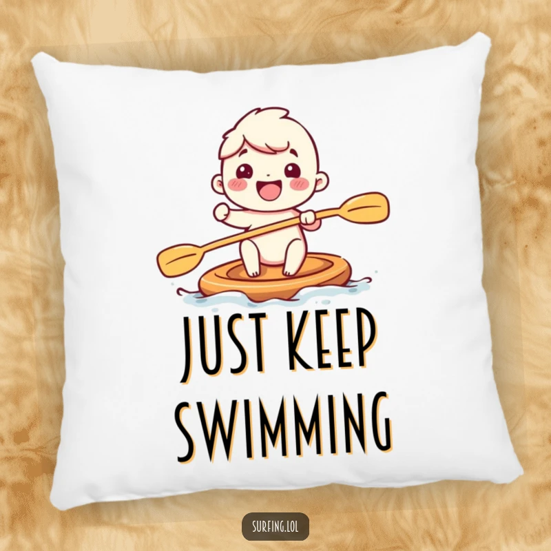 Funny pillow design of an adorable subject paddling with big, happy strokes, symbolizing pure excitement and a playful spirit for relaxation.
