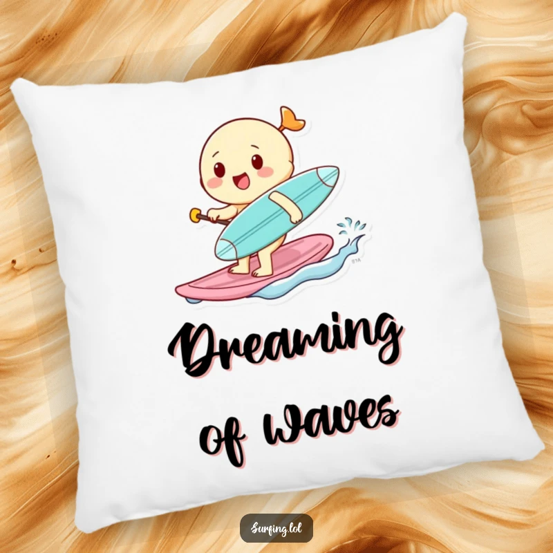 Funny pillow showcasing a cheerful character's determined paddle with a tiny surfboard, offering plush comfort and a dose of adorable humor.