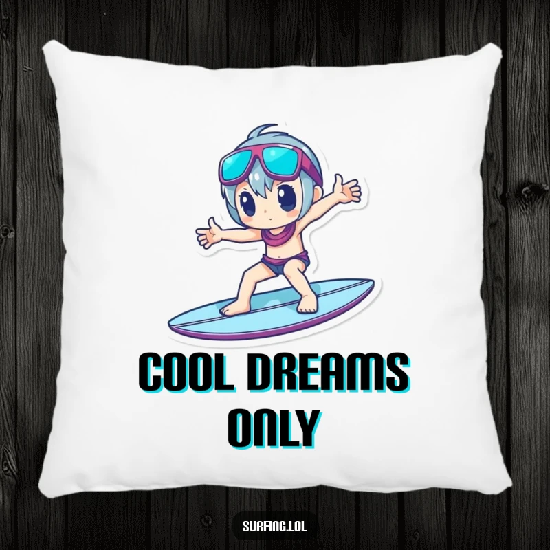 Funny Pillow: A character strikes a stylish pose atop a surfboard, embodying cool surfer aesthetics.