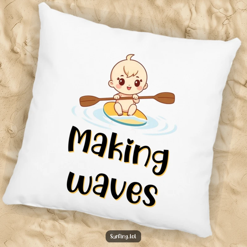 Funny pillow design of a cute character determinedly paddling through calm water, bringing a sense of adventure and comfort.