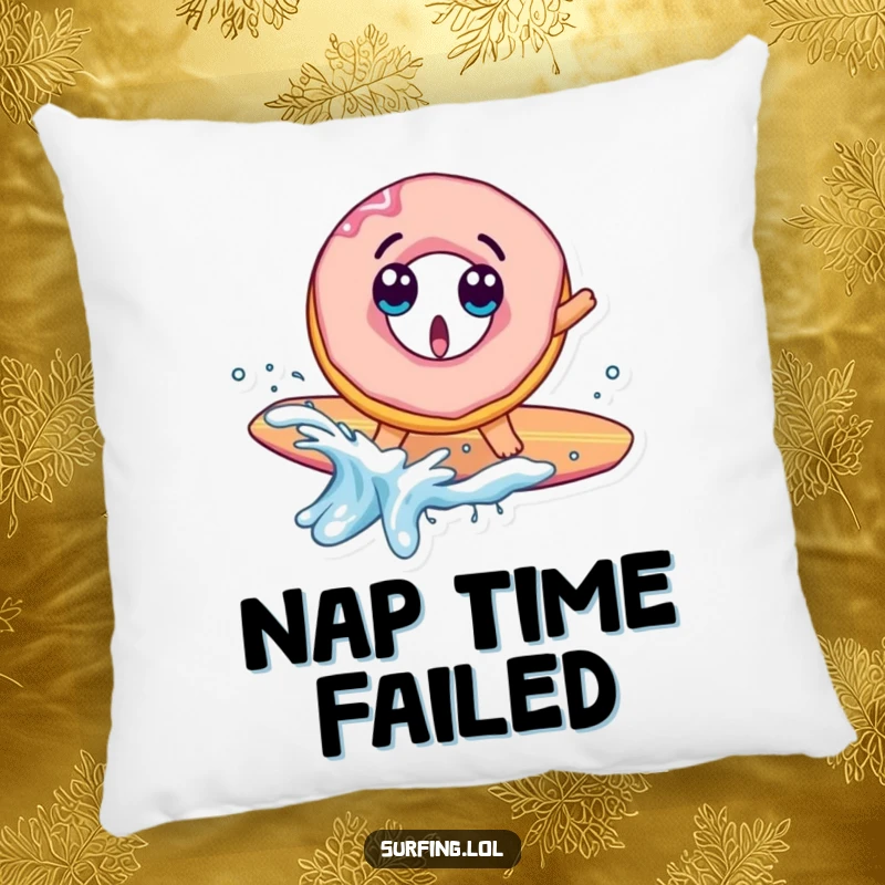 Funny pillow featuring a surprised donut character falling off a surfboard with a splash, offering comfort and a touch of whimsical humor.